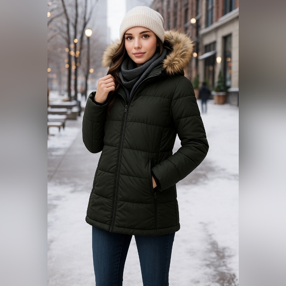Noize Vegan Puffer Parka Jacket – Dark Forest Green, Faux Fur, Medium NWOT
